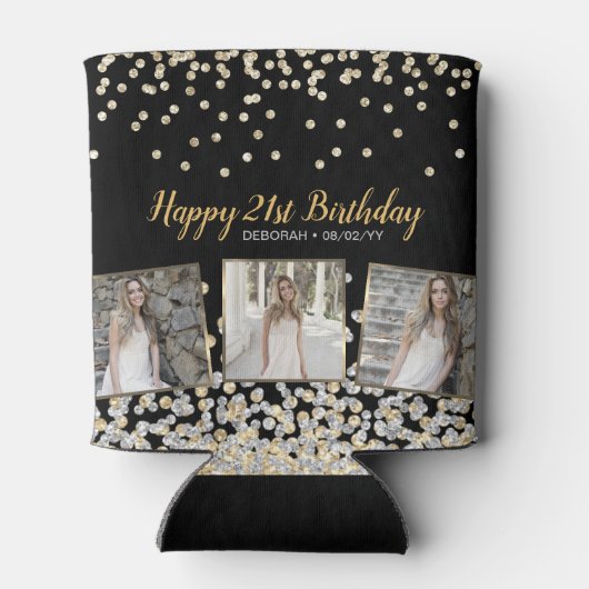 Gold Silver Confetti Photo Collage 21st Birthday Blikjeskoeler (Achterkant)