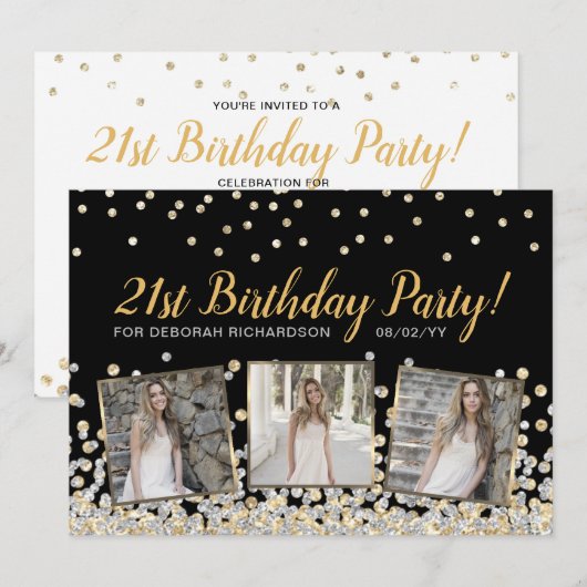 Gold Silver Confetti Photo Collage 21st Birthday Kaart (Voorkant / Achterkant)