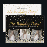 Gold Silver Confetti Photo Collage 21st Birthday Kaart<br><div class="desc">Elegant aangepast verjaardagsontwerp met gouden en zilveren confetti op een zwarte achtergrond,  moderne scripttypografie met de woorden "Happy 21st Birthday" (in goud),  jouw naam en geboortedatum (in zilver) en drie van uw favoriete foto's omgeven in metalen bladaluminium. Pas het met uw partijdetails op de rug van de uitnodiging aan.</div>