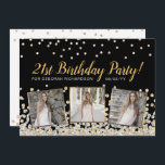 Gold Silver Confetti Photo Collage 21st Birthday Kaart<br><div class="desc">Elegant aangepast verjaardagsontwerp met gouden en zilveren confetti op een zwarte achtergrond,  moderne scripttypografie met de woorden "Happy 21st Birthday" (in goud),  jouw naam en geboortedatum (in zilver) en drie van uw favoriete foto's omgeven in metalen bladaluminium. Pas het met uw partijdetails op de rug van de uitnodiging aan.</div>
