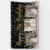 Gold Silver Confetti Photo Collage 21st Birthday Spandoek (Verticaal)