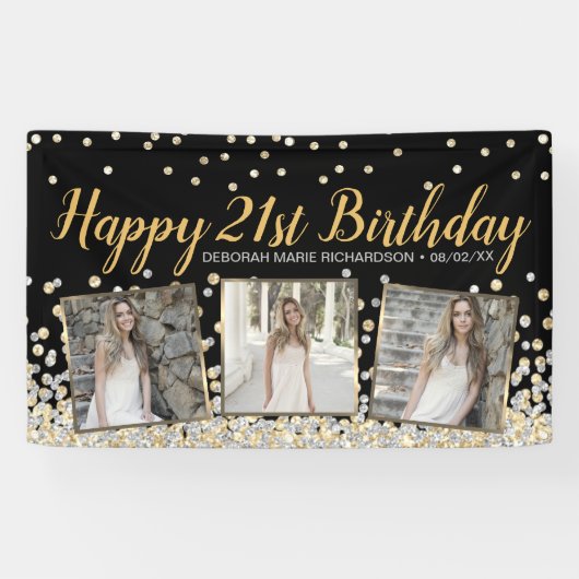 Gold Silver Confetti Photo Collage 21st Birthday Spandoek (Horizontaal)