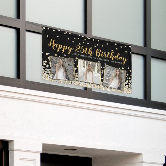 Gold Silver Confetti Photo Collage 25th Birthday Spandoek (Buitenkant Gebouw)