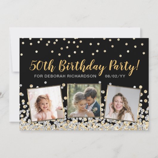 Gold Silver Confetti Photo Collage 50e verjaardag Kaart (Voorkant)