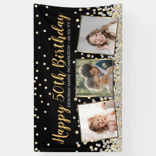 Gold Silver Confetti Photo Collage 50th Birthday Spandoek (Verticaal)