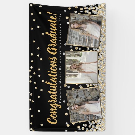 Gold Silver Confetti Photo Collage Afstuderen Spandoek (Verticaal)