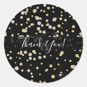 Gold & Silver Diamond Bling Confetti Zwart Favor Ronde Sticker