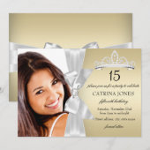 Gold Silver Diamond Bow & Tiara Quinceanera Invite Kaart (Voorkant / Achterkant)