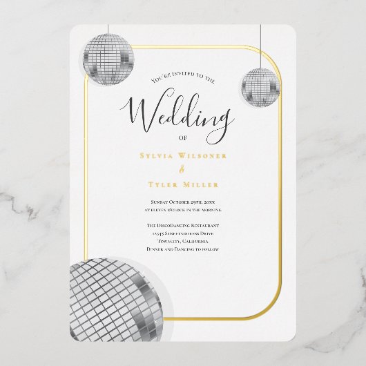 Gold Silver Disco Retro Wedding Folie Uitnodiging (Voorkant)