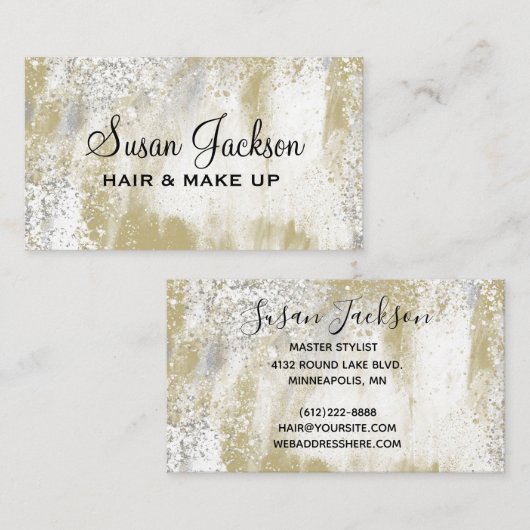 Gold Silver Elegant Black Script Hair & Makeup Bus Visitekaartje (Voorkant / Achterkant)