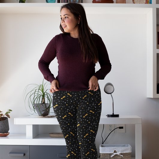 Gold Silver Faux Glitter Constellation Pattern Blk Leggings