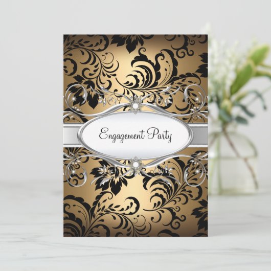 Gold Silver Floral Swirl Engagement Party nodigt u Kaart (Staand voorkant)