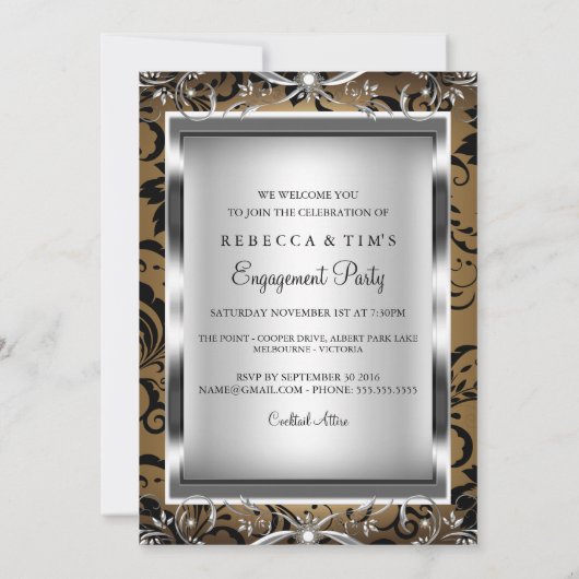 Gold Silver Floral Swirl Engagement Party nodigt u Kaart (Achterkant)