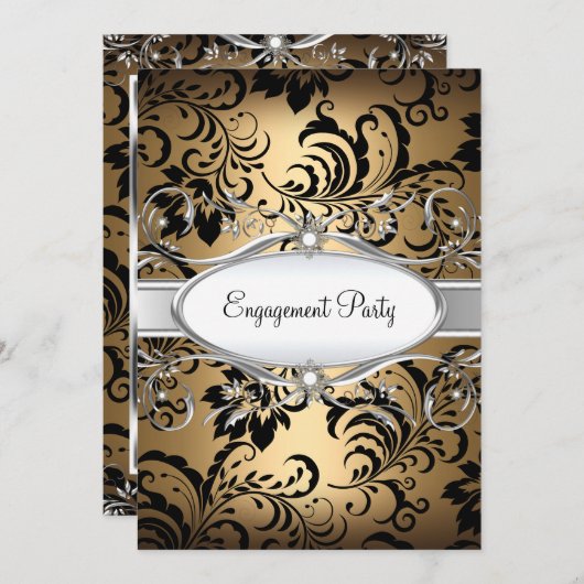 Gold Silver Floral Swirl Engagement Party nodigt u Kaart (Voorkant / Achterkant)