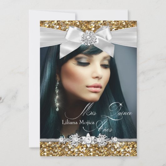 Gold Silver Glitter Bow Foto Quinceanera Invite Kaart (Voorkant)