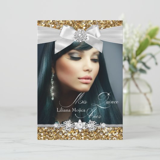 Gold Silver Glitter Bow Foto Quinceanera Invite Kaart (Staand voorkant)