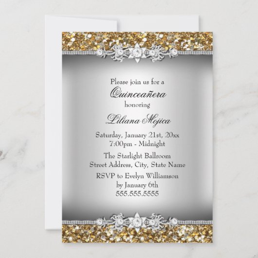Gold Silver Glitter Bow Foto Quinceanera Invite Kaart (Achterkant)