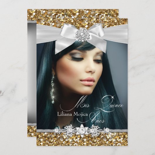 Gold Silver Glitter Bow Foto Quinceanera Invite Kaart (Voorkant / Achterkant)