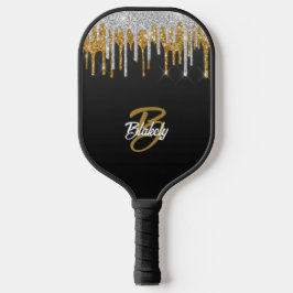 Gold Silver Glitter Drip Monogram op zwart Pickleball Paddle