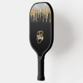 Gold Silver Glitter Drip Monogram op zwart Pickleball Paddle (Links)