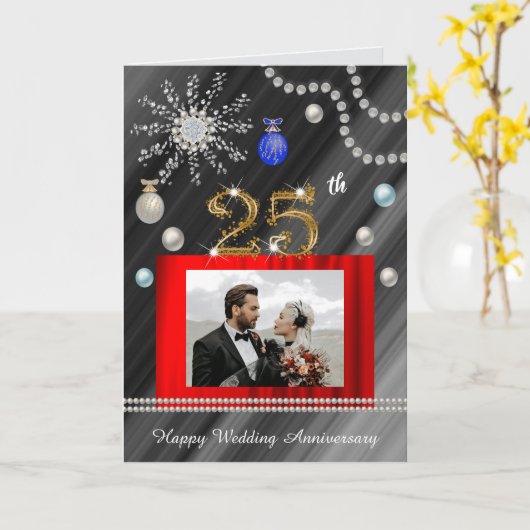 Gold Silver Glitter Pareltjes 25e bruiloft Jubileu Kaart (Gele Bloem)