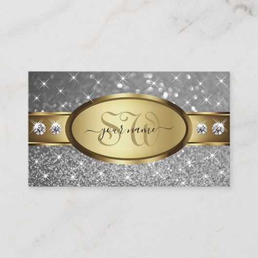 Gold Silver Glitter Sparkle Stars Jewels Initialen Visitekaartje (Voorkant)