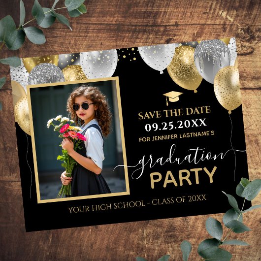 Gold Silver Graduation Party Foto Bewaar de datum Briefkaart