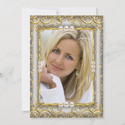Gold Silver Grey White Pearl Foto Birthday Party Kaart (Achterkant)