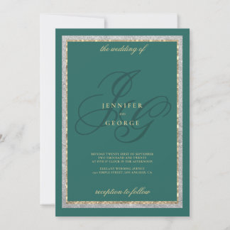 Gold silver jade green monogram initals wedding kaart