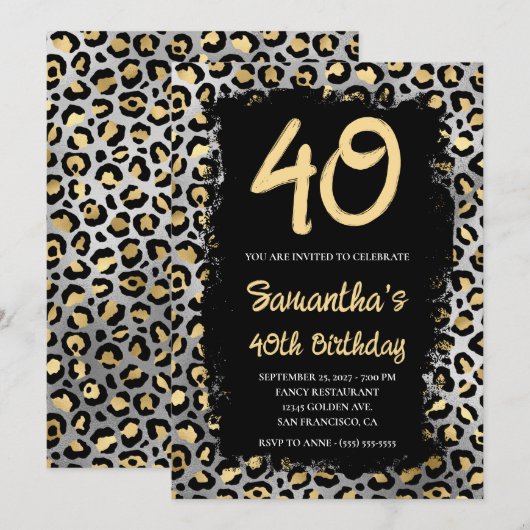 Gold Silver Leopard Painted Black 40th Birthday Kaart (Voorkant / Achterkant)