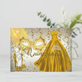 Gold Silver Mask Masquerade Quinceanera Invite Kaart (Staand voorkant)