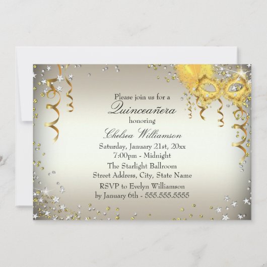 Gold Silver Mask Masquerade Quinceanera Invite Kaart (Achterkant)