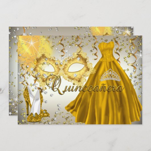 Gold Silver Mask Masquerade Quinceanera Invite Kaart (Voorkant / Achterkant)