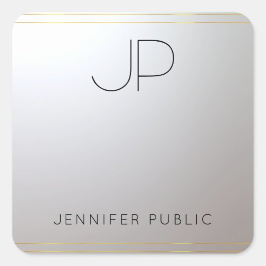 Gold Silver Monogram Sjabloon Initiaal Letter Vierkante Sticker (Voorkant)