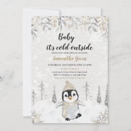 Gold Silver Penguin Baby shower Kaart