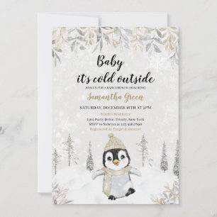 Gold Silver Penguin Baby shower Kaart
