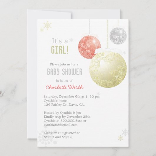 Gold Silver Red Kerstmis Baby Girl Shower Kaart (Voorkant)