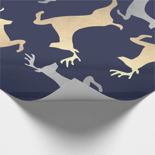 Gold Silver Reindeer Kerstfeestdag blauw Cadeaupapier (Hoek)
