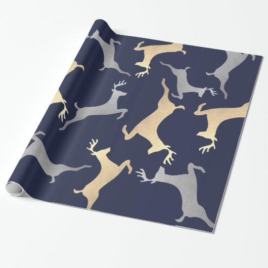Gold Silver Reindeer Kerstfeestdag blauw Cadeaupapier (Uitgerold)