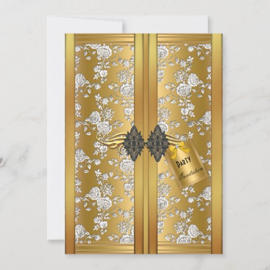Gold Silver Roos Damask Cupboard Party Kaart (Voorkant)