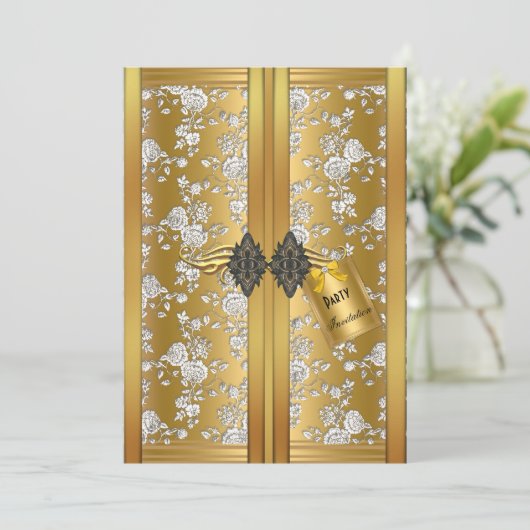 Gold Silver Roos Damask Cupboard Party Kaart (Staand voorkant)