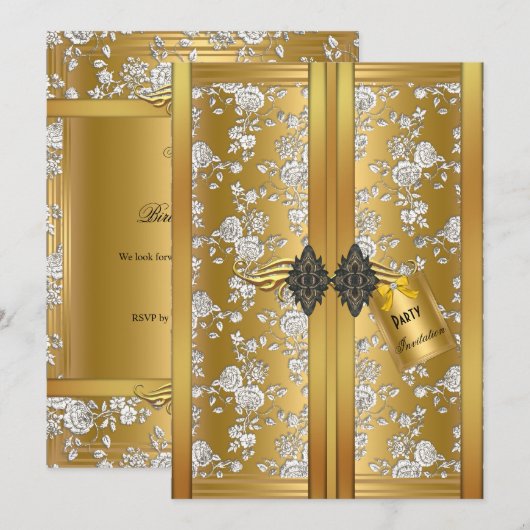 Gold Silver Roos Damask Cupboard Party Kaart (Voorkant / Achterkant)