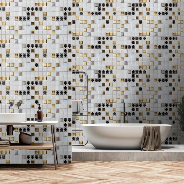 Gold Silver Small Tegel Pattern Behang (Badkamer)