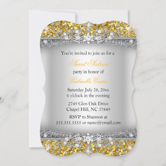 Gold Silver Sparkle Diamond Sweet 16 Invite Kaart (Achterkant)