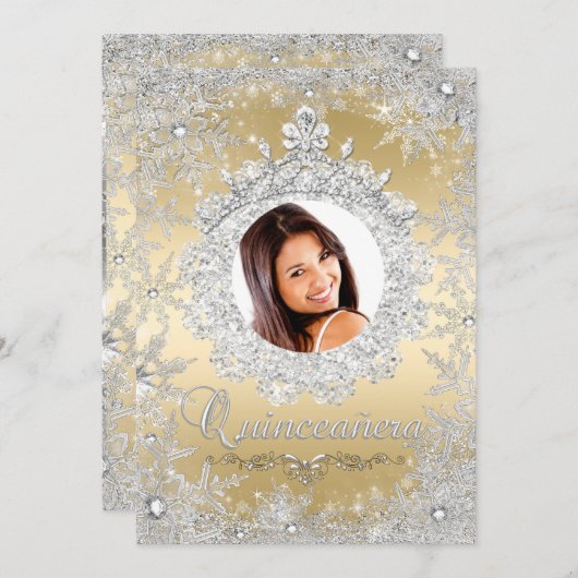 Gold Silver Tiara Snowflake Sparkle Quinceanera Kaart (Voorkant / Achterkant)