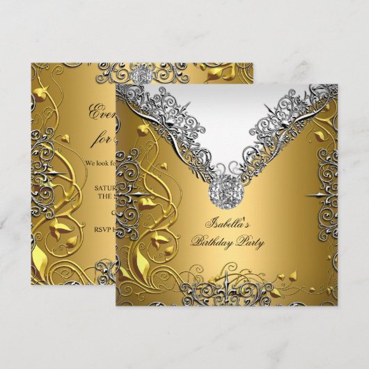 Gold Silver White Elegant Birthday Party Kaart (Voorkant / Achterkant)
