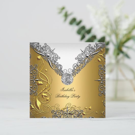 Gold Silver White Elegant Birthday Party Kaart (Staand voorkant)