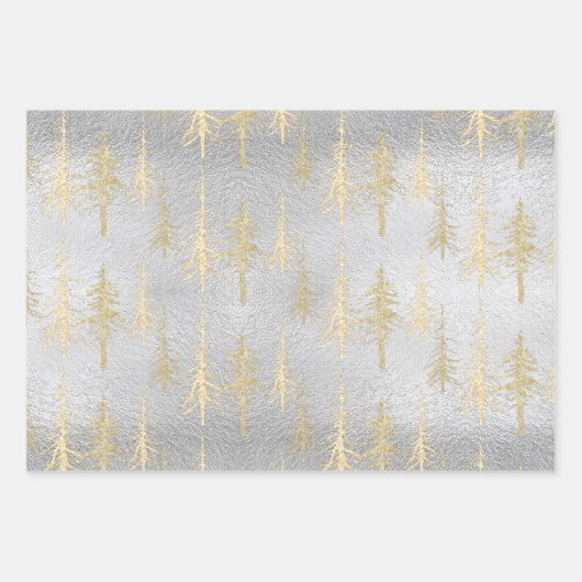 Gold Silver Woodland Scraggly Spruce Pine Trees Inpakpapier Vel (Voorkant 2)