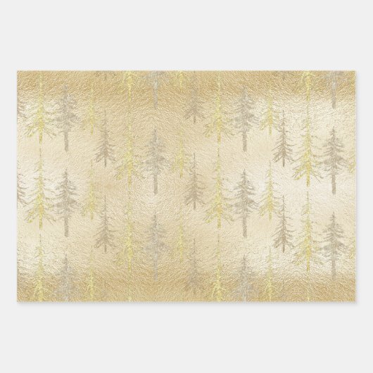 Gold Silver Woodland Scraggly Spruce Pine Trees Inpakpapier Vel (Voorkant)