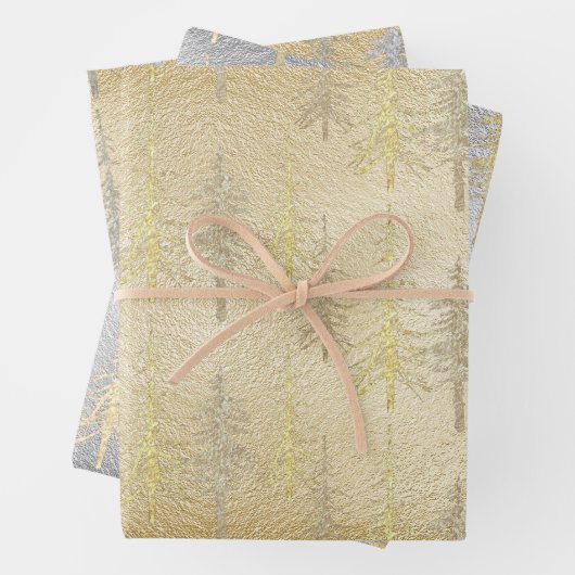 Gold Silver Woodland Scraggly Spruce Pine Trees Inpakpapier Vel (In situ)
